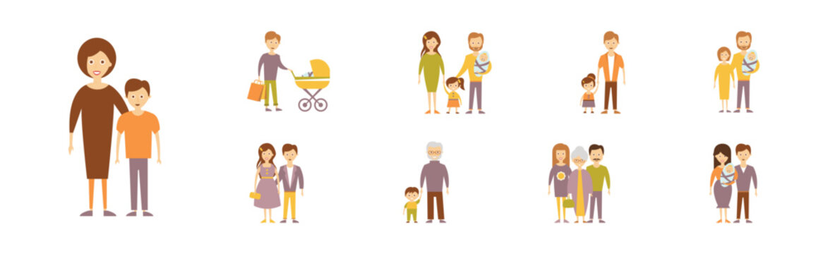 Happy Families with Smiling Parent and Kids Vector Set