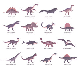 Set of ancient carnivorous and herbivorous dinosaurs. Brachiosaurus, t rex, stegosaurus and pteranodon. Extinct lizard of the Jurassic period. Prehistoric dino. Vector illustration