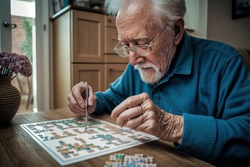 An older, retired man tries to solve a puzzle, a mental exercise to stay young. Ai generated. - obrazy, fototapety, plakaty