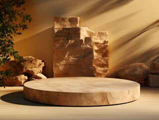 beige natural round stone podium for display product natural background for advertising, showcase, modern, minimal, nature, simple can be use for cosmetic, outdoor product
