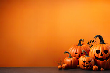 Halloween night party invitation with jack o'lantern carved pumpkins with copy space.