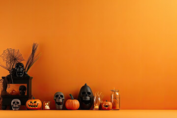 Jack o'lantern halloween pumkins minimalism background. Banner with copy space for text. - Powered by Adobe