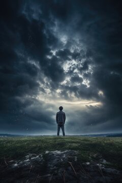 a person standing in front of a storm
