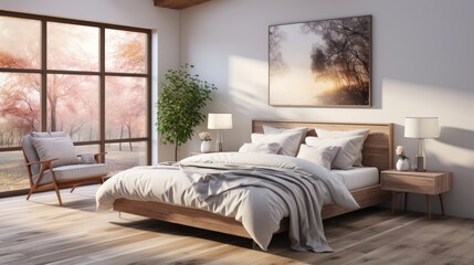 A calm bedroom environment with a unique touch of nature, dominated by white.