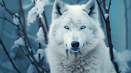 White wolf in the winter forest.