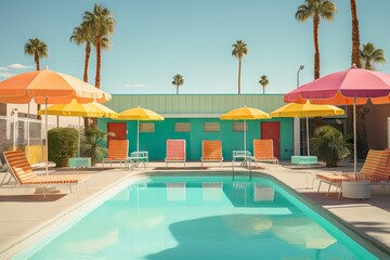 an old vintage retro style swimming pool with umbrellas