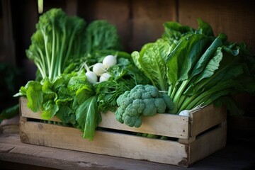 Fresh green vegetables in a rustic wooden box