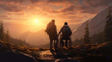 Fototapeta na wymiar the man on wheelchair and friend trekking on the mountains forest