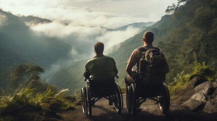 the man on wheelchair and friend trekking on the mountains forest