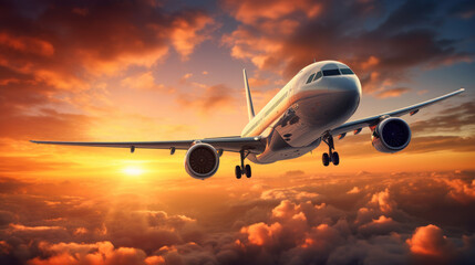 Close-up airplane flying on the sky cloudy during sunrise