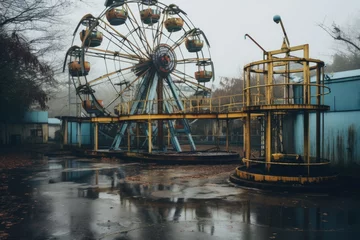 Foto auf Acrylglas abandoned amusement park with fallen rides and Ferris wheel © DailyLifeImages