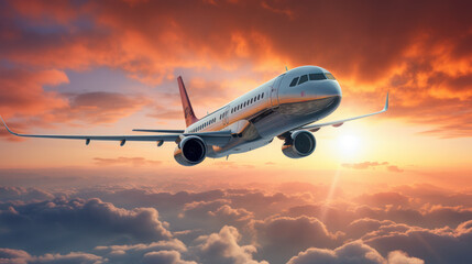 Fototapeta na wymiar Close-up airplane flying on the sky cloudy during sunrise