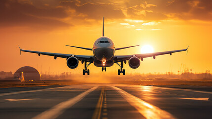 airplane landing in the airport at sunset