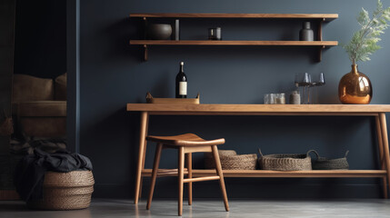Shelving unit and console table near dark wall. Scandinavian style interior design of modern living room with wooden chair.
