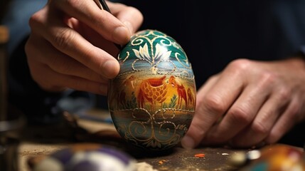 A craftsman paints and makes patterns on an Easter egg.