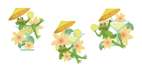 Frog with a glass of champagne, lemon and flowers. sticker. Vector illustration.