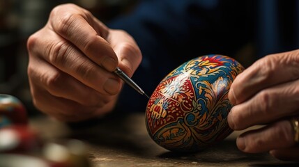 A craftsman paints and makes patterns on an Easter egg.