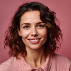 Fototapeta premium Close-up portrait of confident and friendly 35 years old pretty woman smiling to camera and isolated on pink.