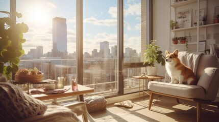 cute animal dog corgi lying of comfort rug carpet floor in living room apartment with urban city view daylight