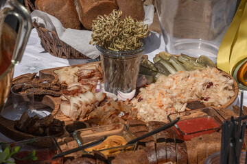 Fermented foods - cabbage, cucumber, salted bacon and black bread in a street eatery on a sunny day