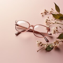 women eyewear eyeglasses model with flowers on pastel color background