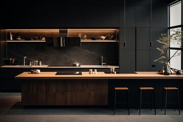 modern kitchen pantry interior design ideas concept dark wooden laminate finishing and marble stone wall material scheme color beautiful home interior design background