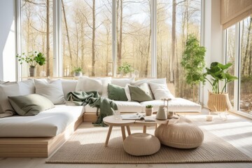 cosy interior living room contemporary white bright color scheme creative ideas concept with nature garden forest tree window background beautiful house background
