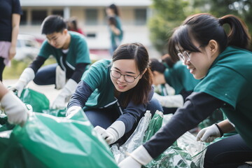 Group of young volunteers helping to keep nature clean and picking up the garbage from a sandy shore.