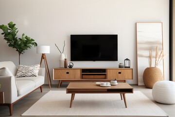 Television put on wood table, background white wall.