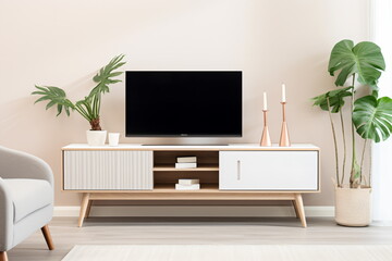 Television put on wood table, background white wall.