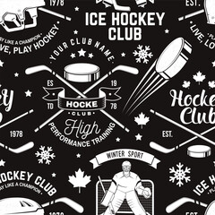 Ice hockey club seamless pattern in retro style. Vector illustration. Background, wallpaper, seamless pattern with player, helmet, sticks, goalkeeper, pick and skates silhouette.