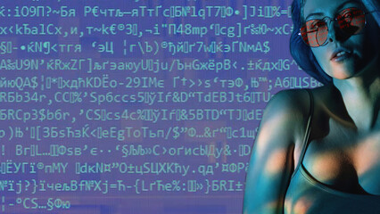 NFT art. Digital beauty. Crypto portrait. Blue neon light woman in glasses on glitch noise...