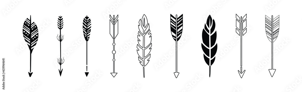 Poster black arrow with feather silhouette design element vector set