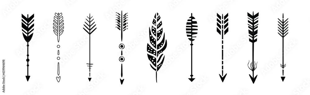 Poster black arrow with feather silhouette design element vector set