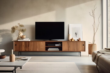 Television put on wood table, background white wall.