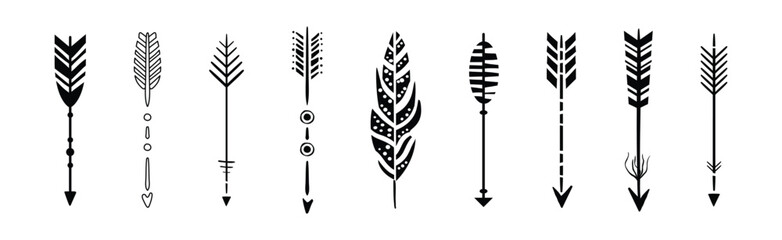 Black Arrow with Feather Silhouette Design Element Vector Set