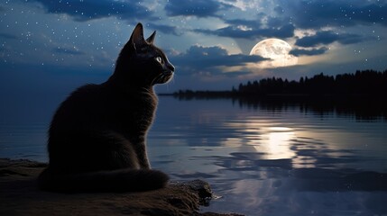 black cat looking at the full moon