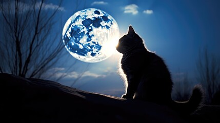black cat looking at the full moon