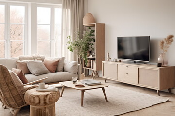 Obraz premium Television put on wood table, background white wall.