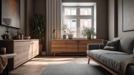 Studio apartment with grey sofa against window and wooden cabinet. Interior design of modern living room.
