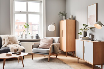 Fototapeta premium Television put on wood table, background white wall.