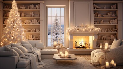 Interior of classic white living room with Christmas decor. Blazing fireplace, garlands, burning candles, elegant Christmas tree, comfortable couch, bookshelves, large window with winter forest view.