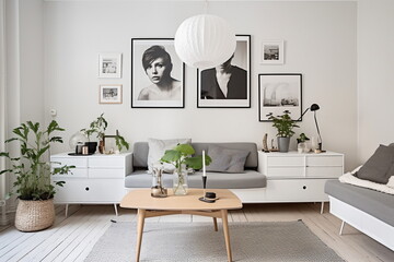 Television put on wood table, background white wall.