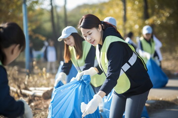 Naklejka premium Group of young volunteers helping to keep nature clean and picking up the garbage from a sandy shore.