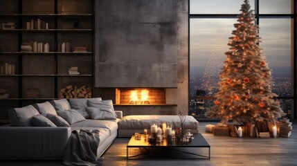 Interior of cozy living room in modern minimalist cottage or apartment with Christmas decoration. Blazing fireplace, burning candles, elegant Christmas tree, gift boxes, comfortable sofa, bookshelves.