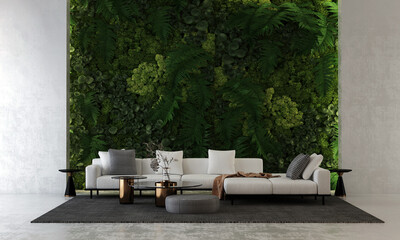 Living room and concrete wall texture background, Modern interior design, mock up room, furniture decor, Green vertical garden, 3d rendering.