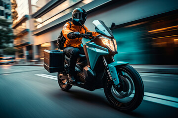 Shipping fast delivery man riding motorcycle on the evening city street