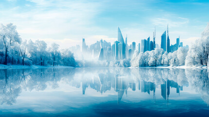 Fototapeta premium Winter landscape with modern futuristic cityscape, frozen lake and trees covered with hoarfrost