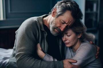 Husband trying to comfort his wife due to her loss