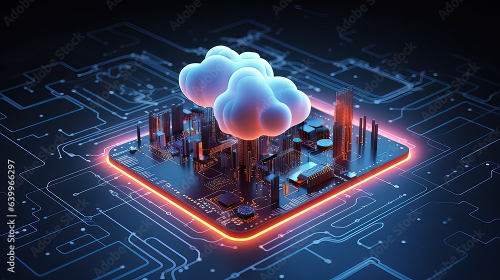 Poster cloud security, security concept with cloud icon on a microchip.